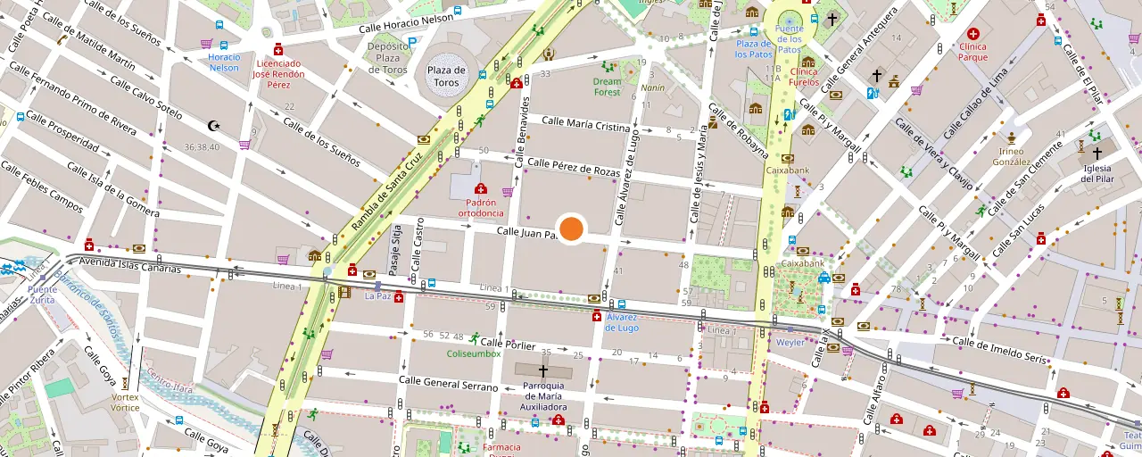 Plano de la zona de la clínica: la calle Juan Pablo II, entre la Rambla de Santa Cruz y la calle Álvarez de Lugo, en Santa Cruz de Tenerife.